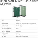 Tilta LP-E17 USB-C Battery (950mAh, Forest Green) TLP-E17-FG - Image 2