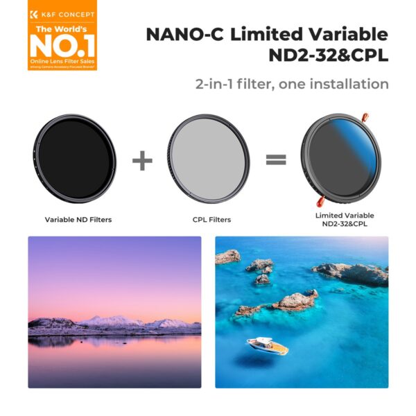 K&F Concept Nano-C Series 2-in-1 Variable ND & CPL Filter 77mm, 1 to 5-Stop (KF01.2602)