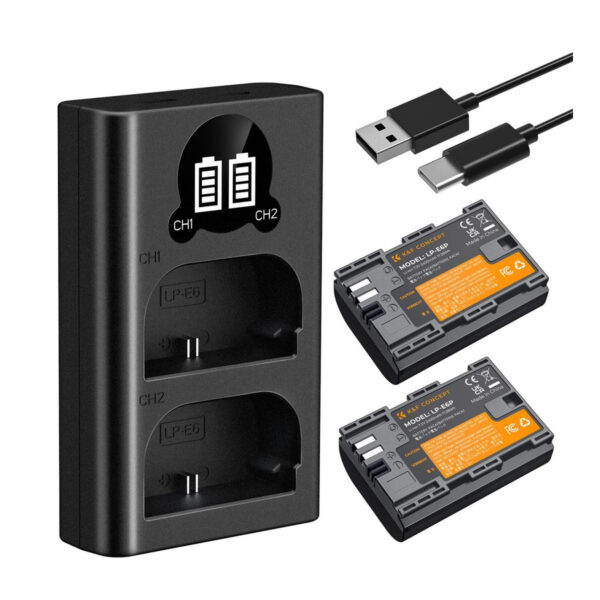 K&F Concept 2400mAh LP-E6P 2-Pack Battery and Dual Slot USB Charger Compatible with Canon EOS R5 Mark II, R5, R6 Mark II, R6, R7 Camera (KF28.0093)