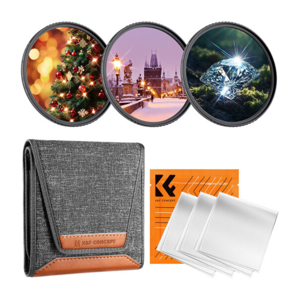K&F Concept 49mm Star Filters 3pcs Set - 4+6+8 Point Cross Starburst Effect Camera Lens Filters with 18-Layer Coating & Cleaning Cloth (KF.2127V1)