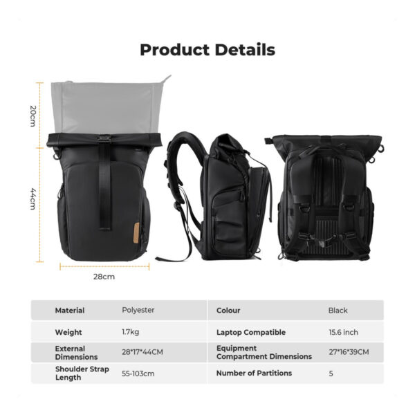 K&F Concept Nature Wander11 20L Camera Backpack - Black, Waterproof Travel Photography Bag with 15.6" Laptop Sleeve, Tripod Holder & Expandable Storage (KF13.173)