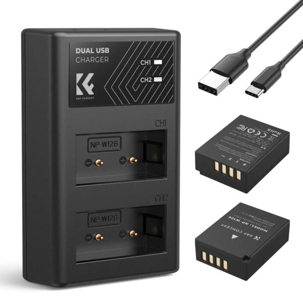 K&F Concept 1300mAh NP-W126 NP-W126S Battery and Charger for Fujifilm X100VI, X100V, XS10, XT30, XT30 II, XT20, XE4, A5, Dual-Slot Fast Charger, Type-C and Micro-USB Input, 2 Pack Battery (KF28.0030)