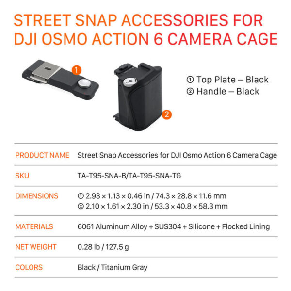 Tilta Camera Cage with Street Snap Accessory Kit for DJI Osmo Action 6 (Black) TA-T95-B-B