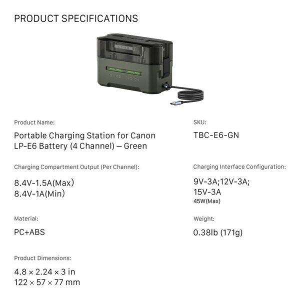 Tilta Portable Charging Station for LP-E6 Batteries (Green) TBC-E6-GN